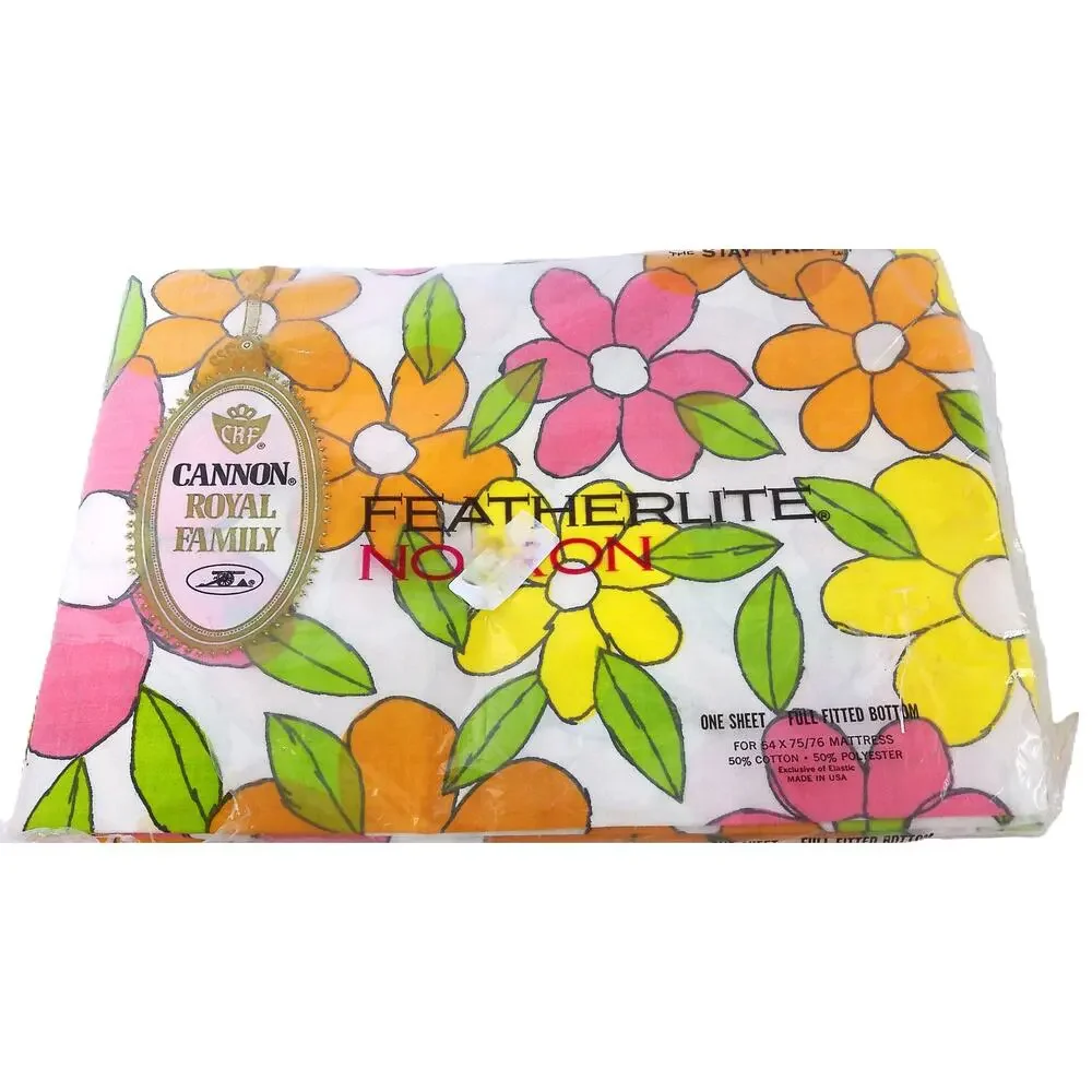 Vintage Cannon Royal Family Psychedelic Floral Featherlite Full Fitted Sheet New